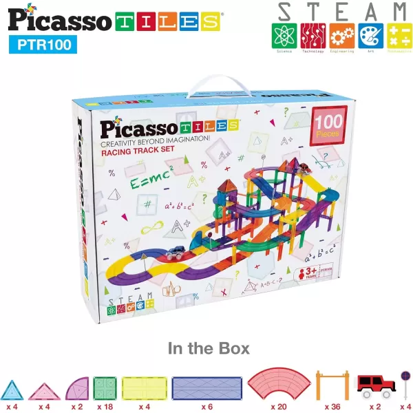 imagePicassoTiles Marble Run Car Race Track Combo  100pc Race Car Track 108pcs Magnetic Tile Toy Play Set STEM Building ampamp Learning Magnet Construction Brain Development Kit DIY Playset 2 LED Race Cars