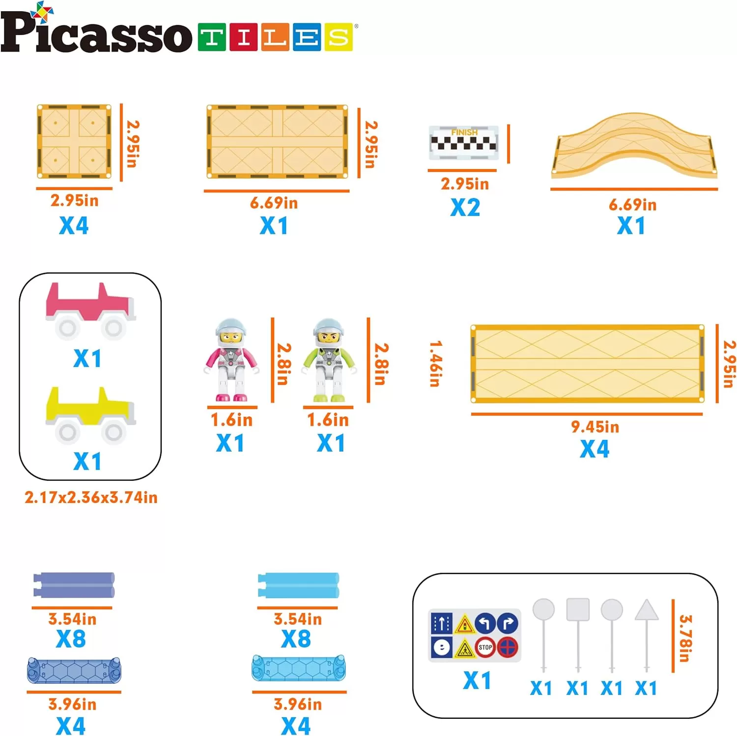 imagePicassoTiles Magnetic Race Track Car Slide Magnet Building Blocks Tiles Sensory Toys for Kids Toddlers Include Trucks Character Action Figures STEM Learning Kit Races School Age 3 year Old Boys Girls