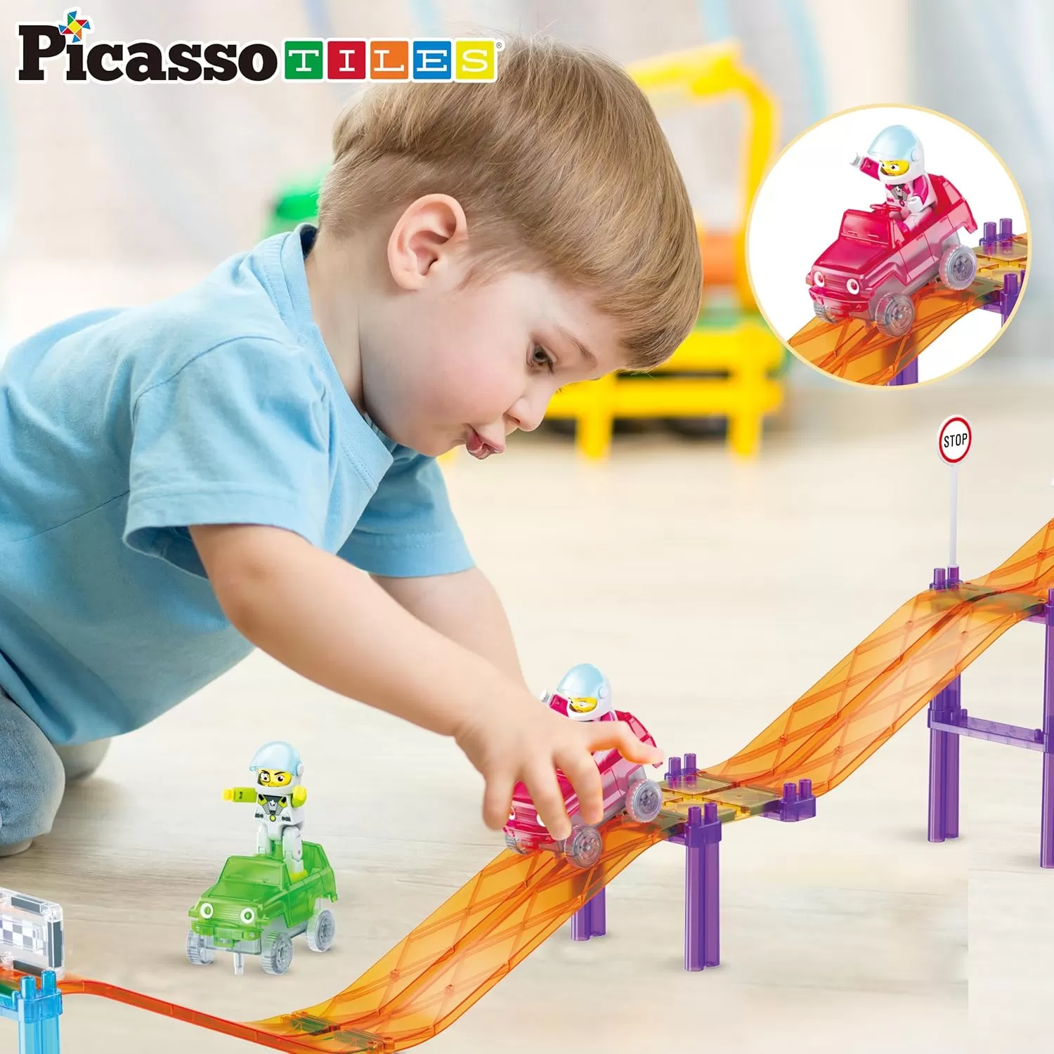 imagePicassoTiles Magnetic Race Track Car Slide Magnet Building Blocks Tiles Sensory Toys for Kids Toddlers Include Trucks Character Action Figures STEM Learning Kit Races School Age 3 year Old Boys Girls