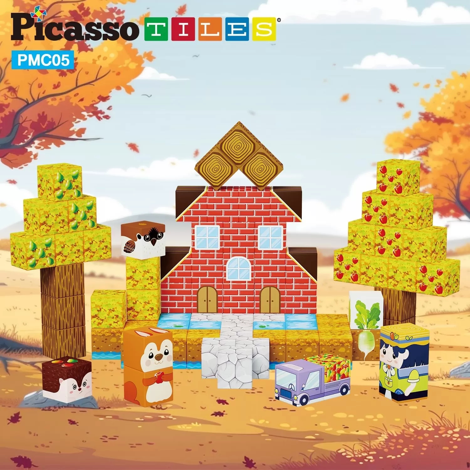 imagePicasso Cubes 1 Fall Autumn Harvest Theme Magnetic Blocks Build Cubes 90 Piece Magnet Tile Construction Building Block Set Sensory Toy Early Education STEM Learning Children Age 3 Boy Girl PMC05Autumn Harvest
