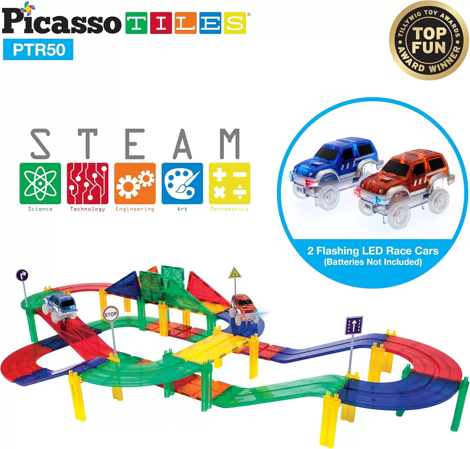 imagePicassoTiles 50 Piece Race Car Track  Ideabook with Over 150 Ideas Magnet DIY Playset 2 Light Up Car STEM Learning Kit HandEye Coordination Fine Motor Skill Training Unique Innovative Creations