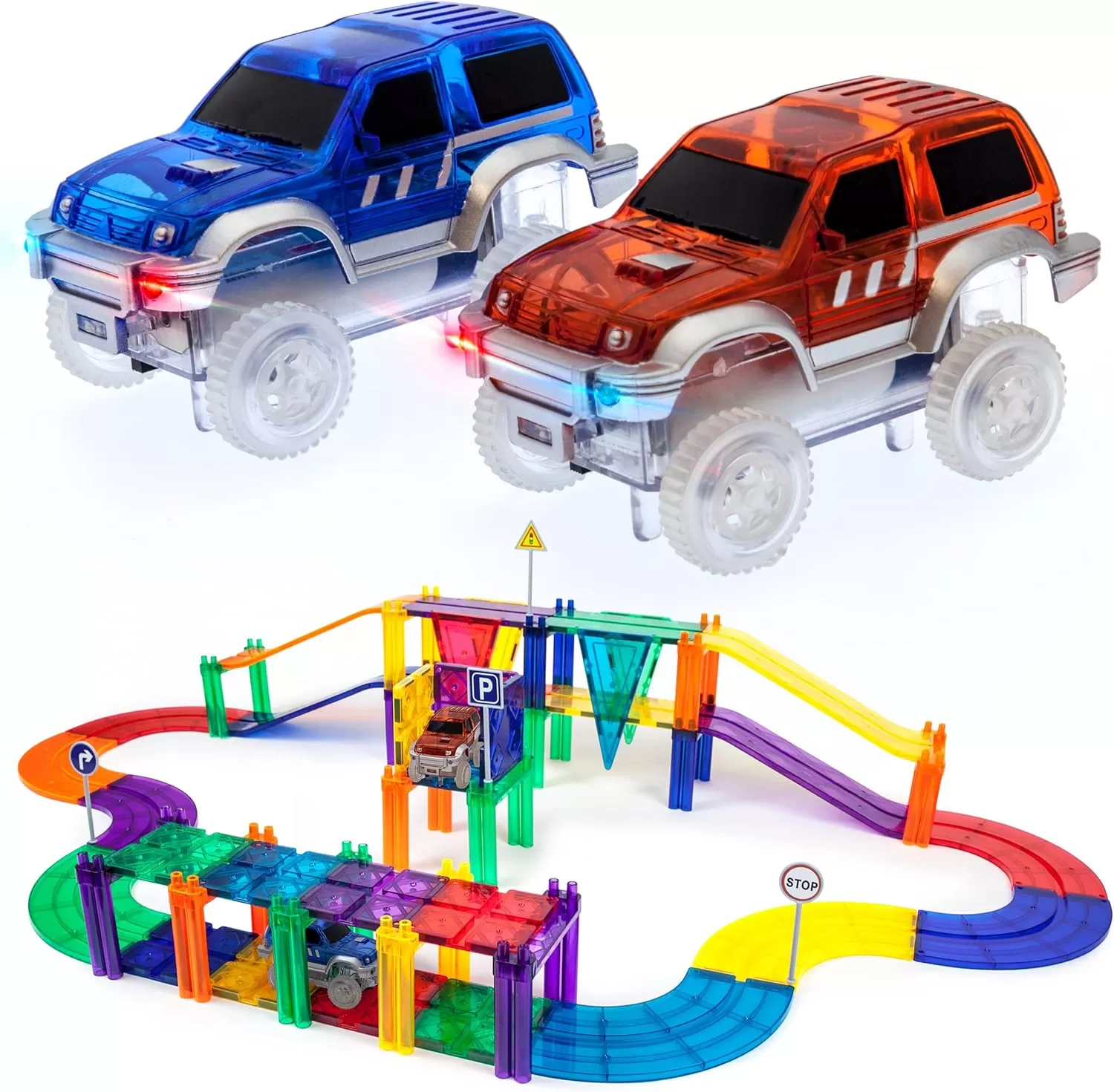 imagePicassoTiles 50 Piece Race Car Track  Ideabook with Over 150 Ideas Magnet DIY Playset 2 Light Up Car STEM Learning Kit HandEye Coordination Fine Motor Skill Training Unique Innovative Creations