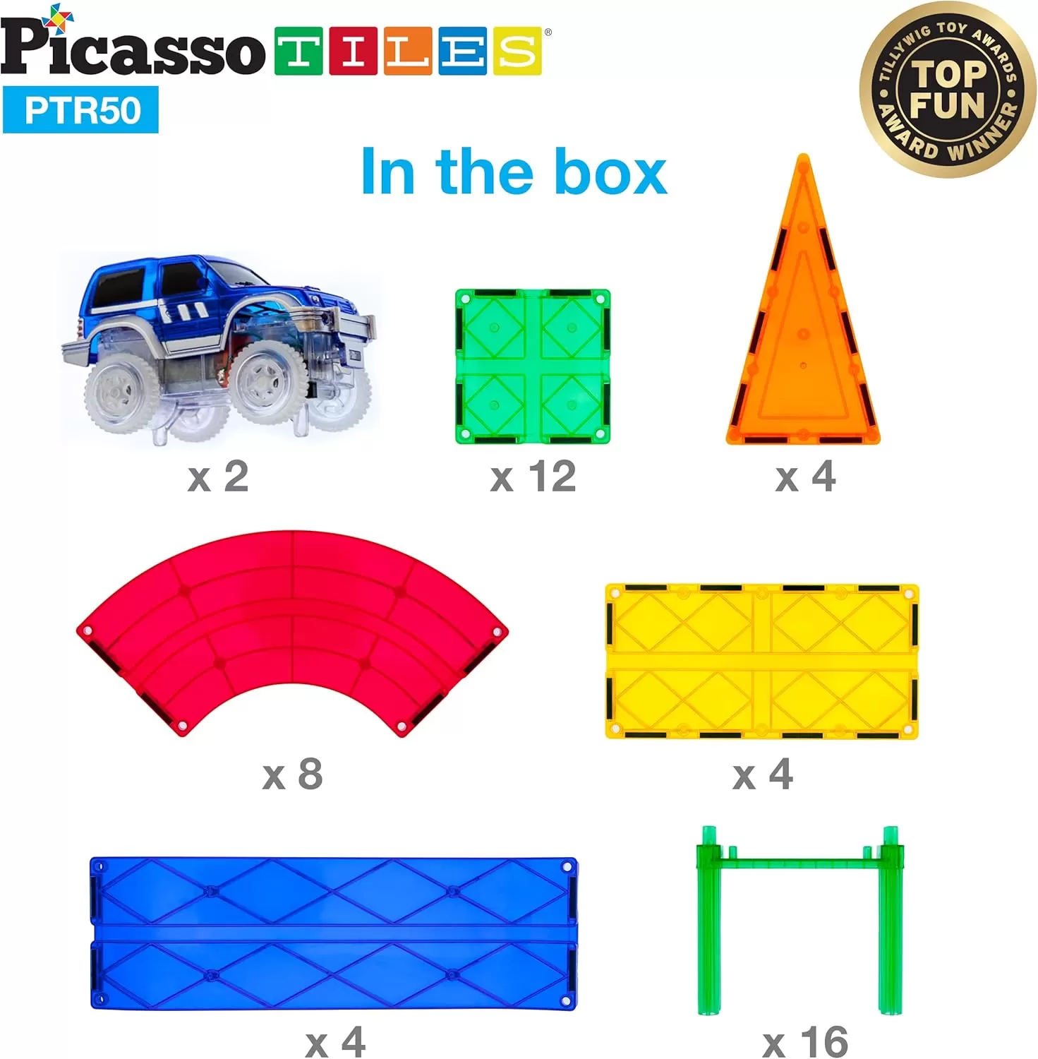 imagePicassoTiles 50 Piece Race Car Track  Ideabook with Over 150 Ideas Magnet DIY Playset 2 Light Up Car STEM Learning Kit HandEye Coordination Fine Motor Skill Training Unique Innovative Creations