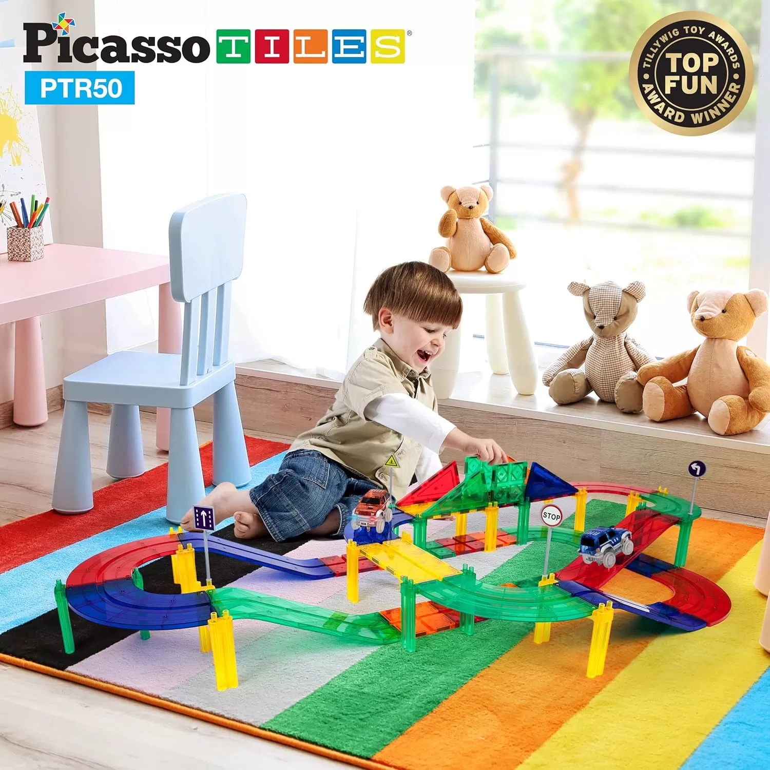 imagePicassoTiles 50 Piece Race Car Track  Ideabook with Over 150 Ideas Magnet DIY Playset 2 Light Up Car STEM Learning Kit HandEye Coordination Fine Motor Skill Training Unique Innovative Creations