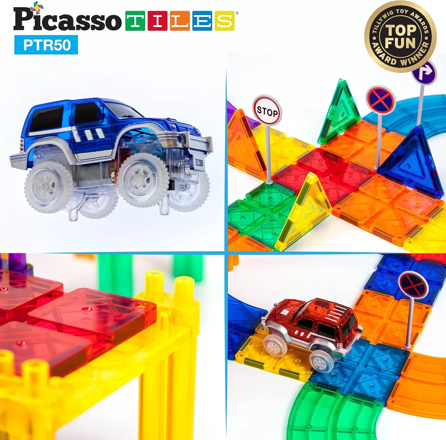 imagePicassoTiles 50 Piece Race Car Track  Ideabook with Over 150 Ideas Magnet DIY Playset 2 Light Up Car STEM Learning Kit HandEye Coordination Fine Motor Skill Training Unique Innovative Creations