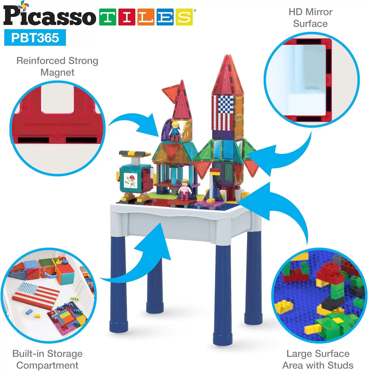 imagePicassoTiles Kids Activity Center Play Table ampamp Study Desk Set Sandbox Water Tight Container Storage Allin1 STEM Toy Kit Playset with 331pc Dual Size Building Bricks Construction Blocks Marble Run316 PCs Magnetic TilesBrickWater Container