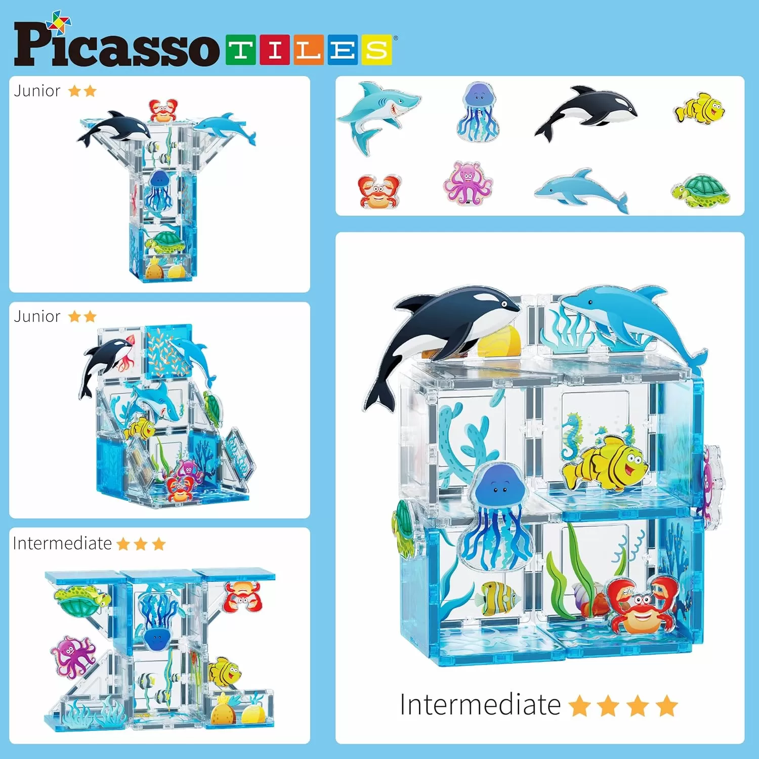imagePicassoTiles Magnet Tile Building Blocks Marine Animal World Themed Playset with 8 Ocean Character Action Figures Magnetic Tiles STEM Learning Toy Construction Set Toddlers Boys Girls Ages 3 PTQ25Marine Animal World Themed