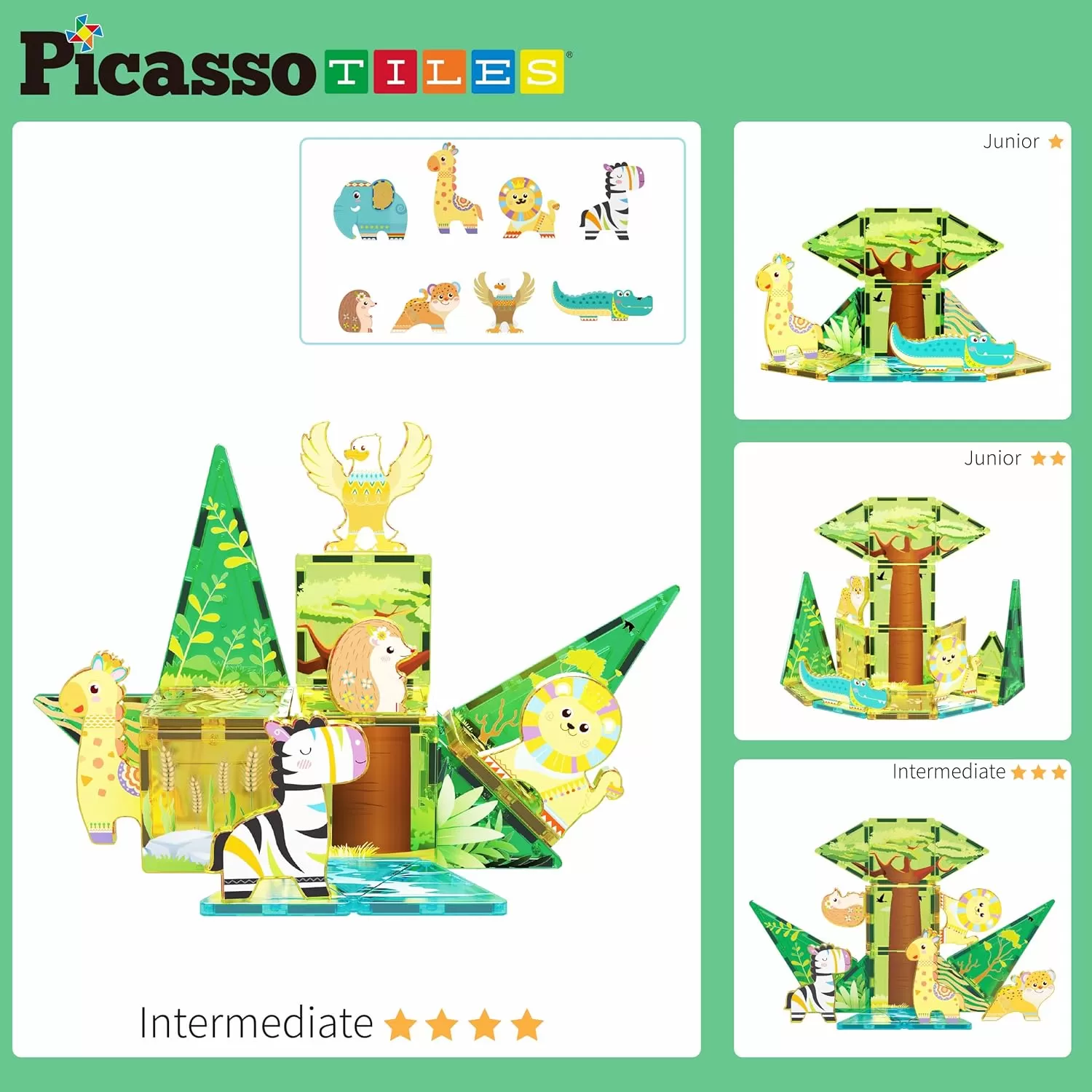 imagePicassoTiles Magnet Tile Building Blocks Marine Animal World Themed Playset with 8 Ocean Character Action Figures Magnetic Tiles STEM Learning Toy Construction Set Toddlers Boys Girls Ages 3 PTQ25Safari Themed