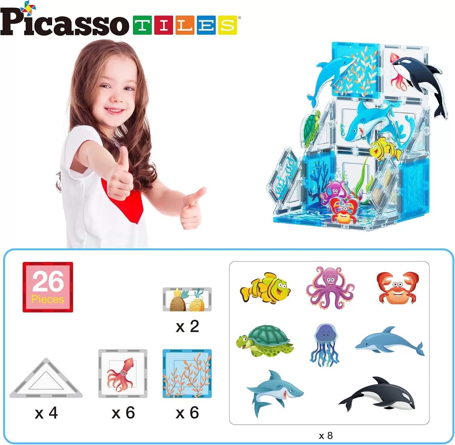 imagePicassoTiles Magnet Tile Building Blocks Marine Animal World Themed Playset with 8 Ocean Character Action Figures Magnetic Tiles STEM Learning Toy Construction Set Toddlers Boys Girls Ages 3 PTQ25Marine Animal World Themed