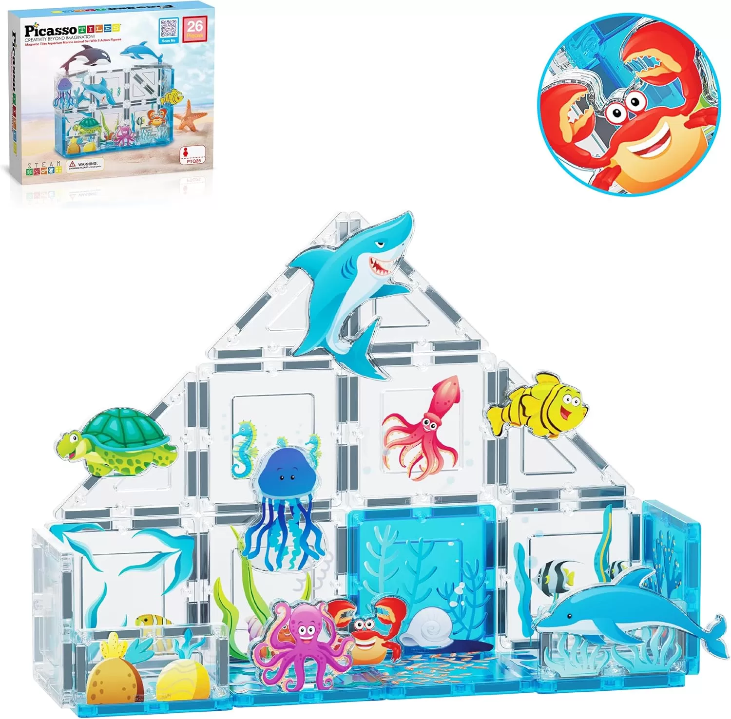 imagePicassoTiles Magnet Tile Building Blocks Marine Animal World Themed Playset with 8 Ocean Character Action Figures Magnetic Tiles STEM Learning Toy Construction Set Toddlers Boys Girls Ages 3 PTQ25Marine Animal World Themed