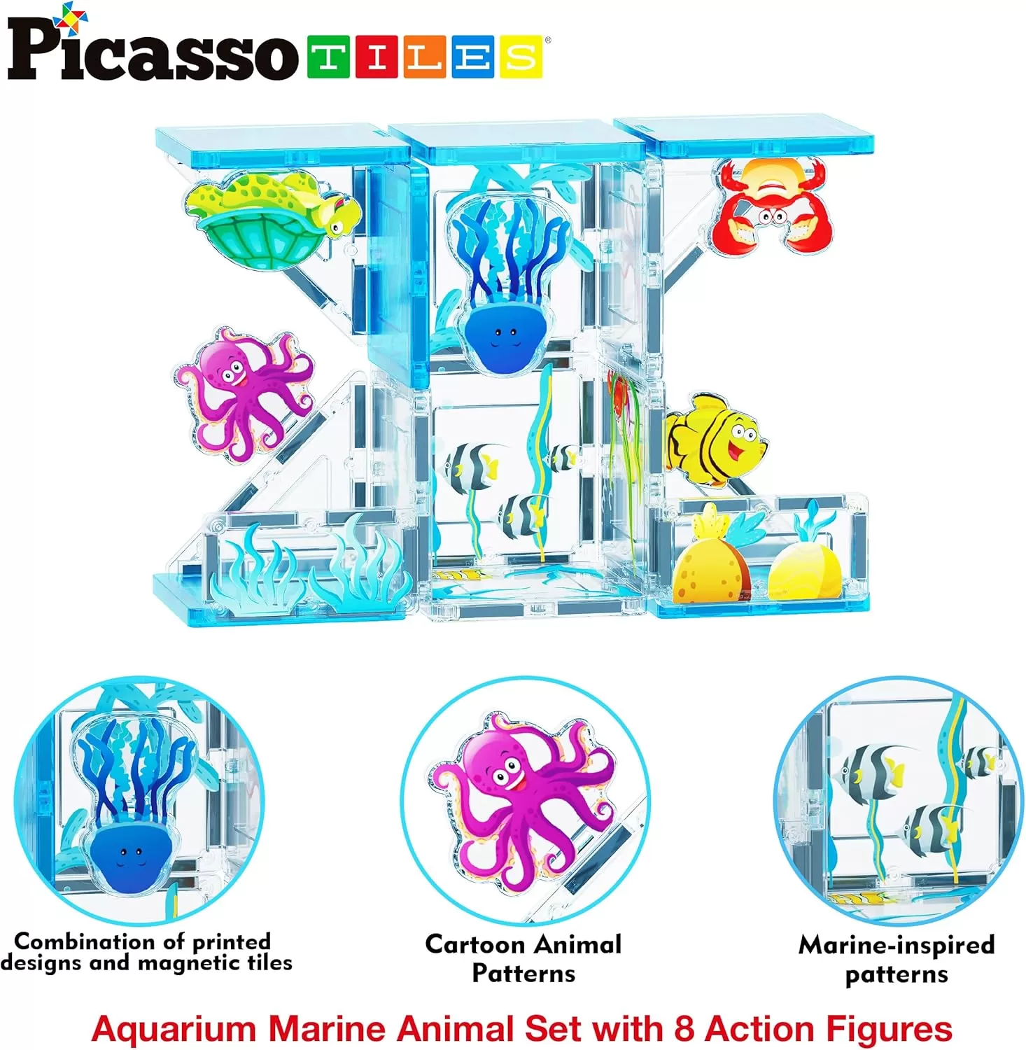 imagePicassoTiles Magnet Tile Building Blocks Marine Animal World Themed Playset with 8 Ocean Character Action Figures Magnetic Tiles STEM Learning Toy Construction Set Toddlers Boys Girls Ages 3 PTQ25Marine Animal World Themed