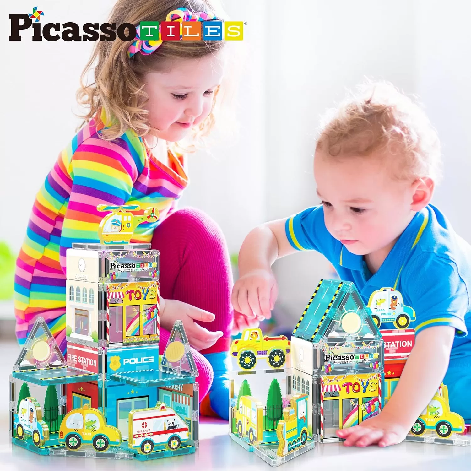 imagePicassoTiles Magnet Tile Building Blocks Metro City Themed Playset with 8 Character Action Figures Magnetic Tiles STEM Learning Early Education Toy Construction Set Toddlers Boys Girls Ages 3 PTQ24