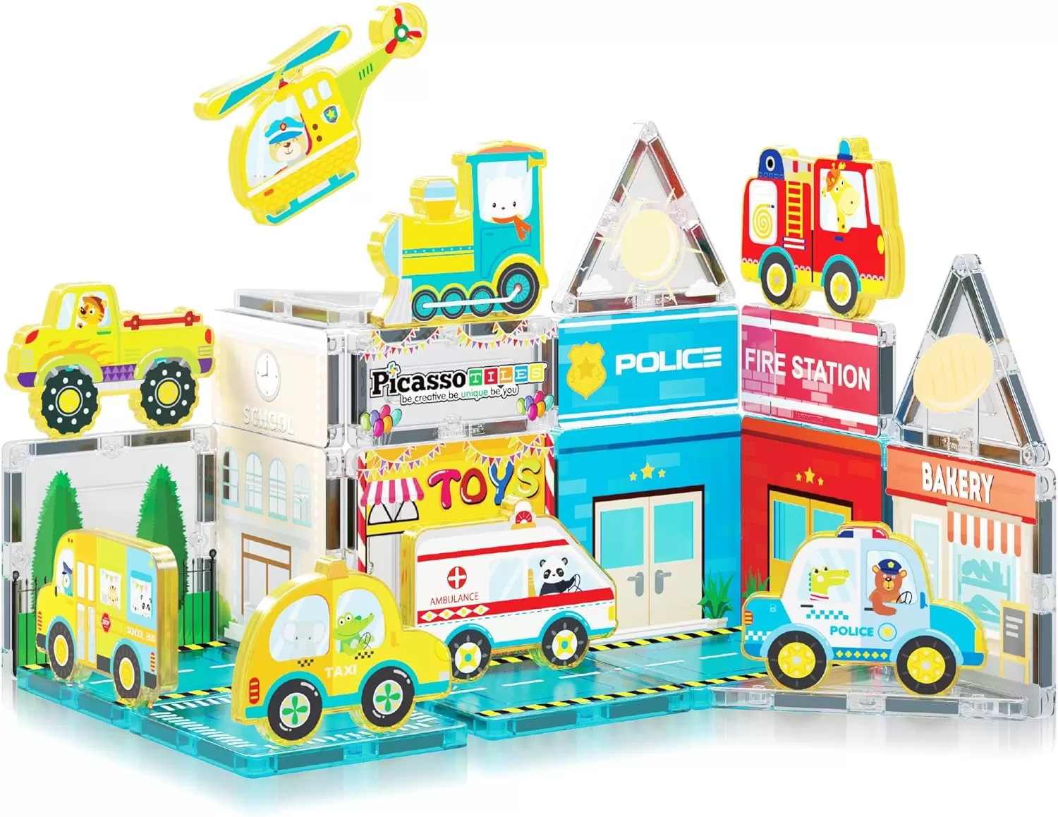 imagePicassoTiles Magnet Tile Building Blocks Metro City Themed Playset with 8 Character Action Figures Magnetic Tiles STEM Learning Early Education Toy Construction Set Toddlers Boys Girls Ages 3 PTQ24