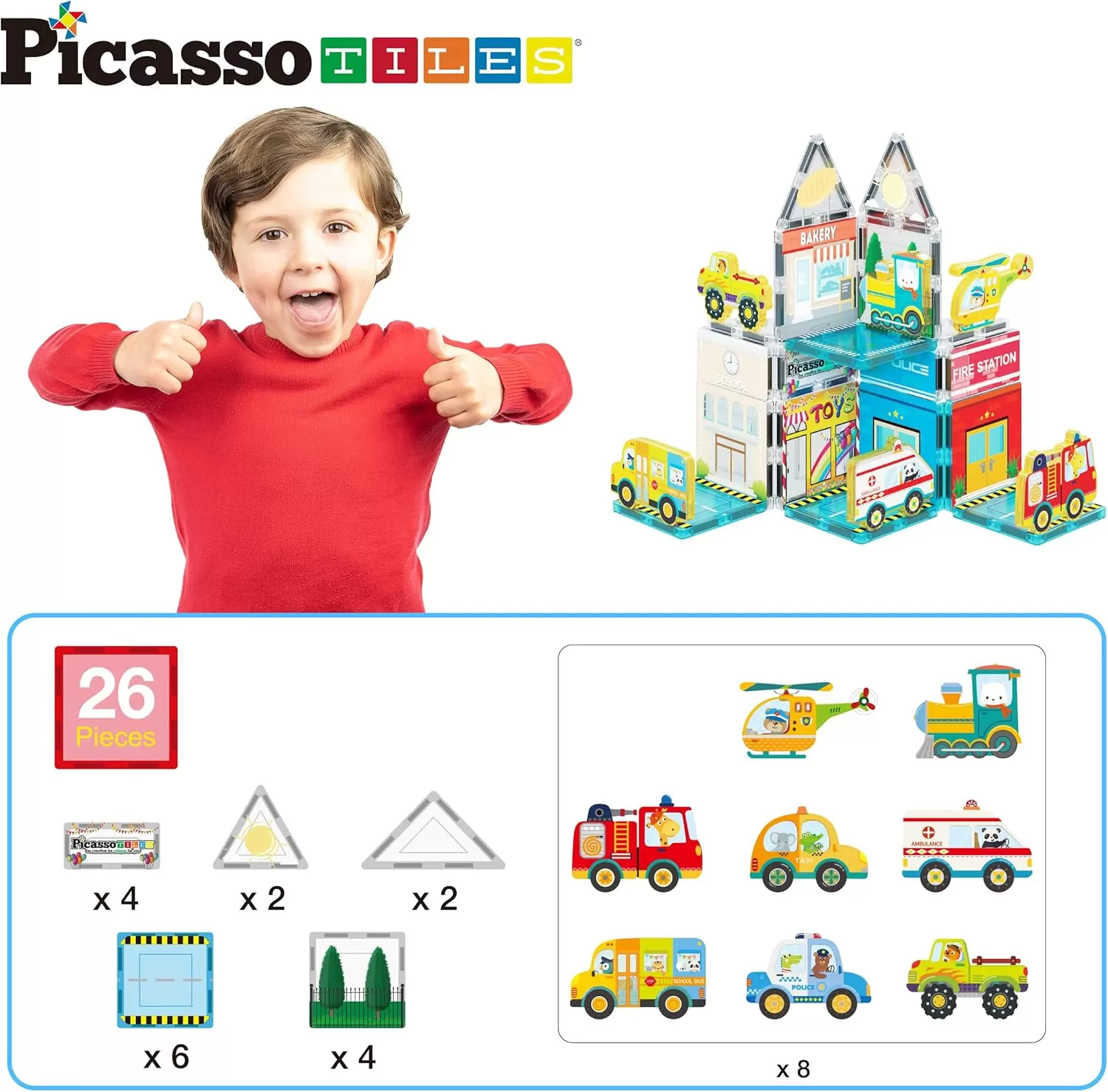 imagePicassoTiles Magnet Tile Building Blocks Metro City Themed Playset with 8 Character Action Figures Magnetic Tiles STEM Learning Early Education Toy Construction Set Toddlers Boys Girls Ages 3 PTQ24