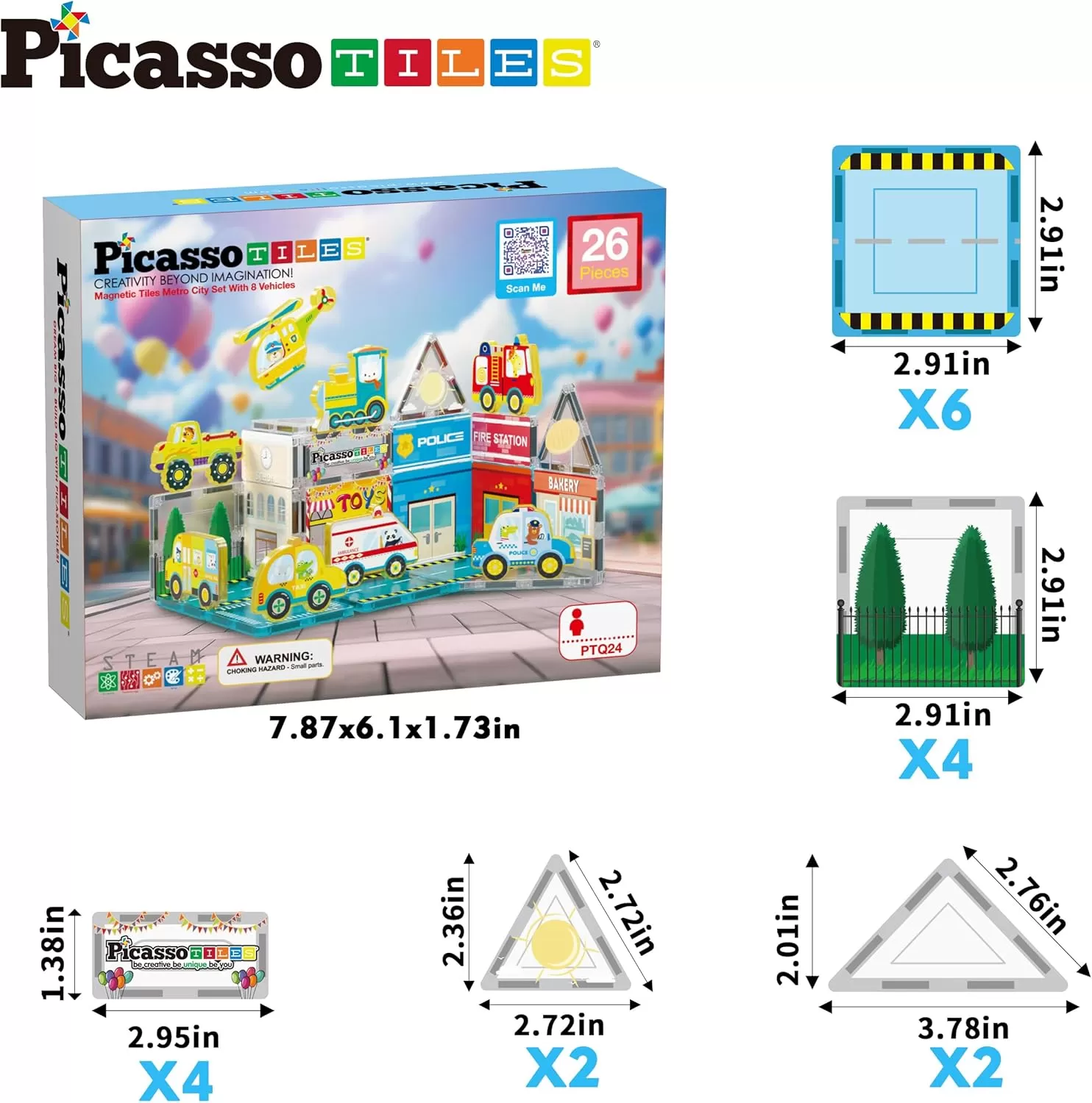 imagePicassoTiles Magnet Tile Building Blocks Metro City Themed Playset with 8 Character Action Figures Magnetic Tiles STEM Learning Early Education Toy Construction Set Toddlers Boys Girls Ages 3 PTQ24