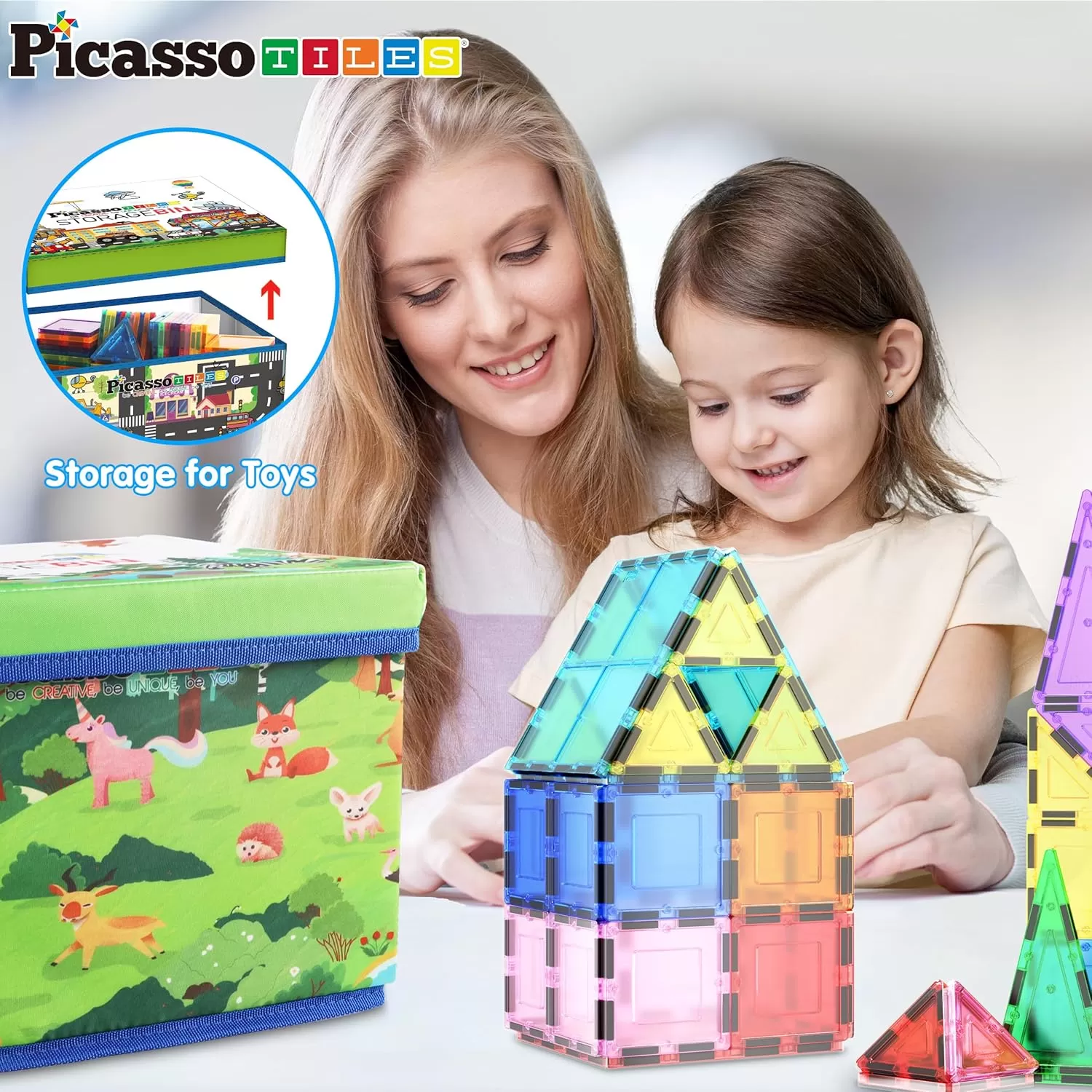 imagePicassoTiles Magnet Tile Toy Organizer Foldable City Theme Storage Bin Box with Lid and Handles Magnetic Tiles Building Blocks STEM Educational Pretend Play Playroom Toys Toddler Kids Ages 3 Up PTA33Forest Animal Theme
