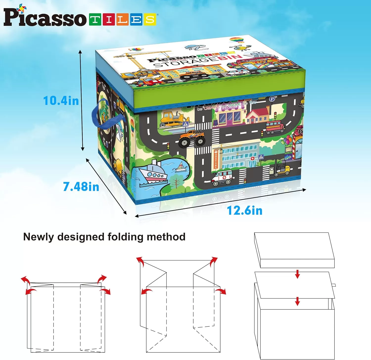 imagePicassoTiles Magnet Tile Toy Organizer Foldable City Theme Storage Bin Box with Lid and Handles Magnetic Tiles Building Blocks STEM Educational Pretend Play Playroom Toys Toddler Kids Ages 3 Up PTA33Foldable City Theme