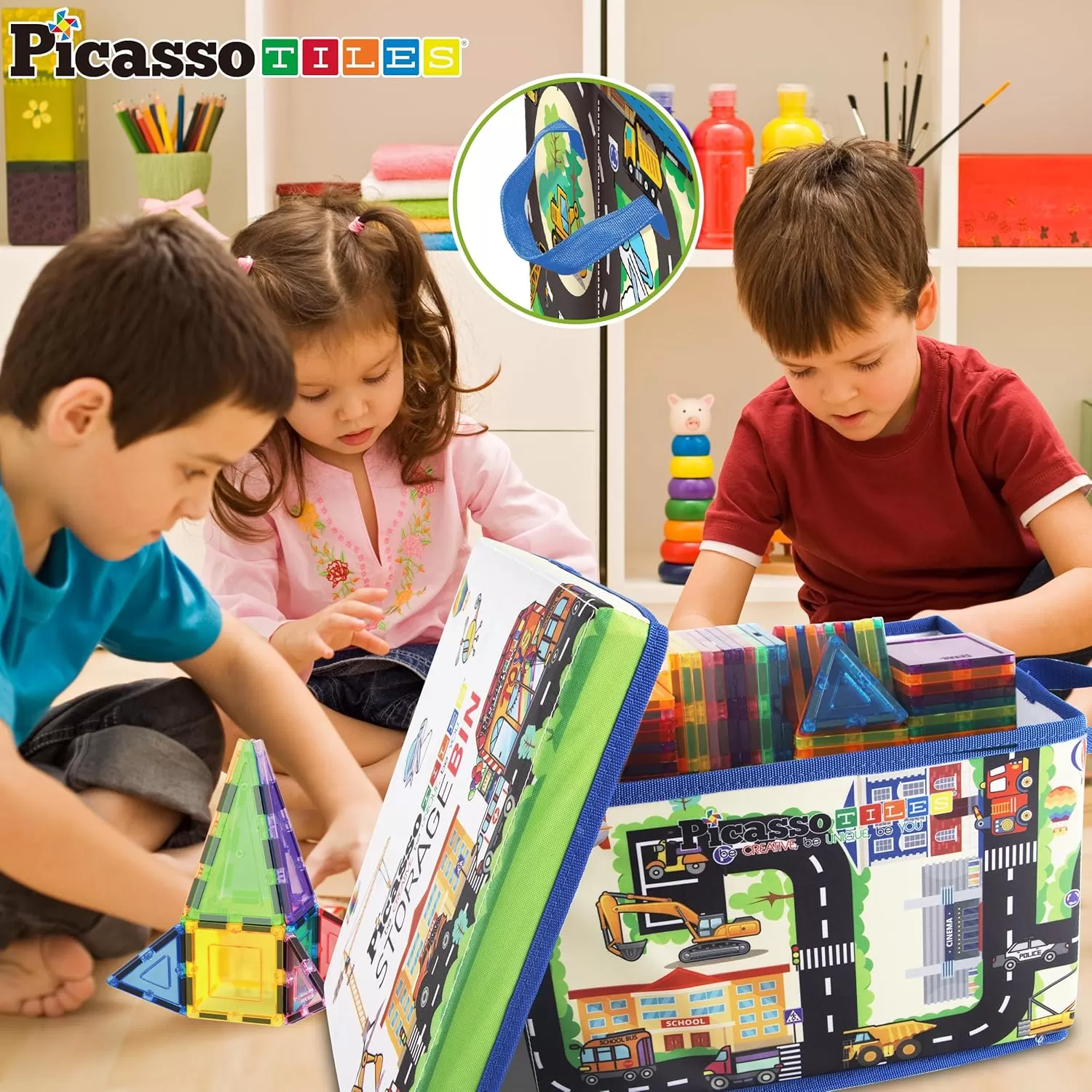 imagePicassoTiles Magnet Tile Toy Organizer Foldable City Theme Storage Bin Box with Lid and Handles Magnetic Tiles Building Blocks STEM Educational Pretend Play Playroom Toys Toddler Kids Ages 3 Up PTA33Foldable City Theme