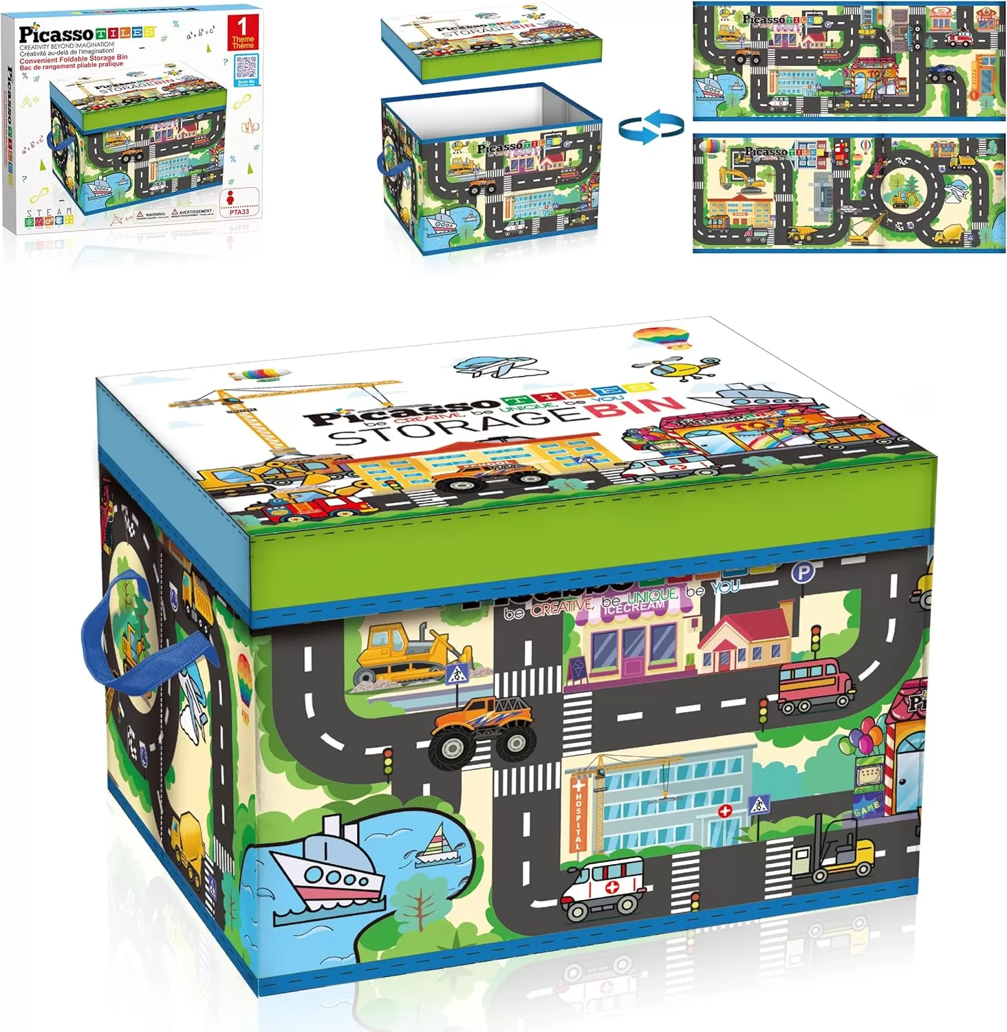 imagePicassoTiles Magnet Tile Toy Organizer Foldable City Theme Storage Bin Box with Lid and Handles Magnetic Tiles Building Blocks STEM Educational Pretend Play Playroom Toys Toddler Kids Ages 3 Up PTA33Foldable City Theme