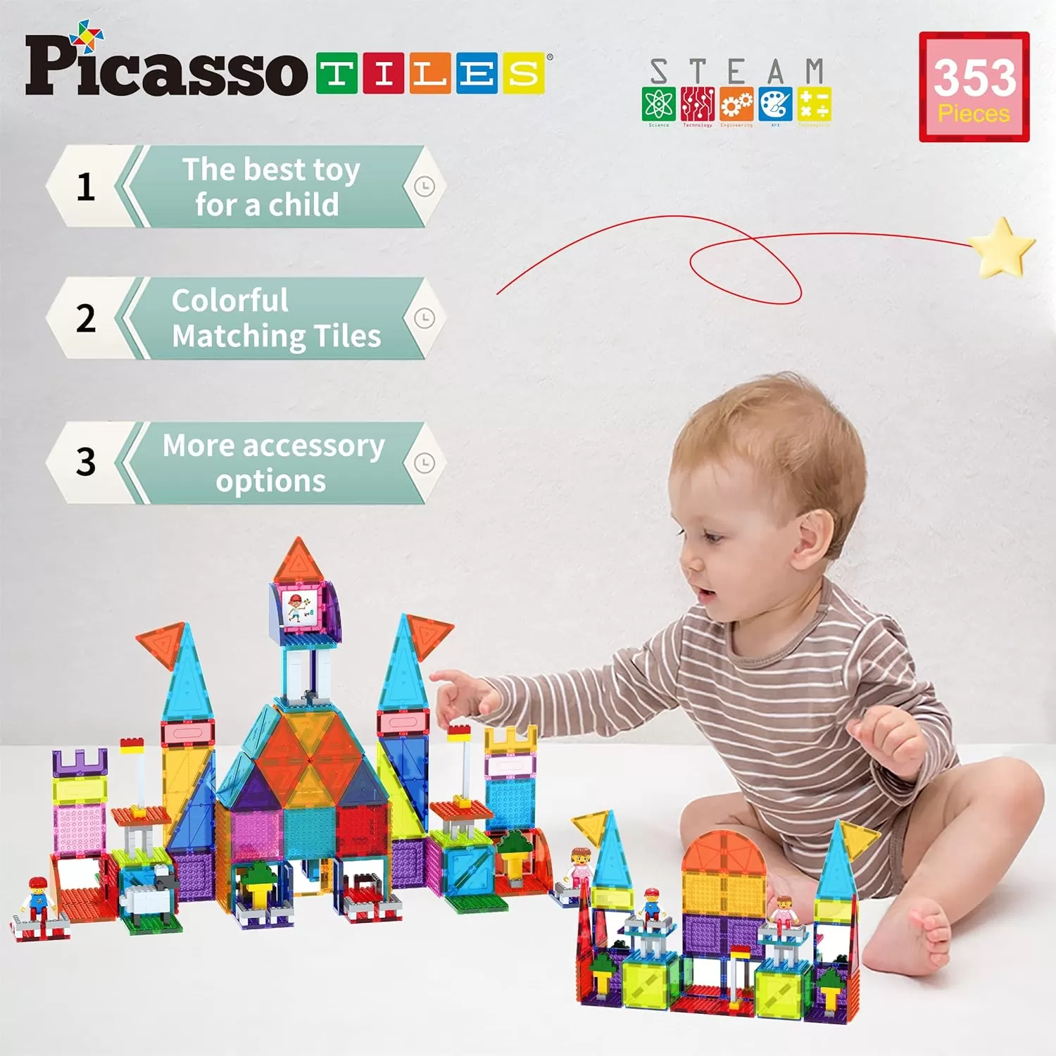 imagePicassoTiles Magnetic Brick Tiles STEM Creative Magnetic Tiles Building Block Set Building Brick Construction Toy Socket Spikes Toys Accessory Educational Imaginative Learning Kit Stacking Set353pc
