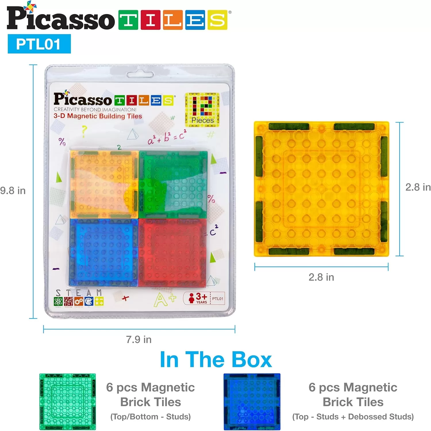 imagePicassoTiles Magnetic Brick Tiles STEM Creative Magnetic Tiles Building Block Set Building Brick Construction Toy Socket Spikes Toys Accessory Educational Imaginative Learning Kit Stacking Set12pc addon1