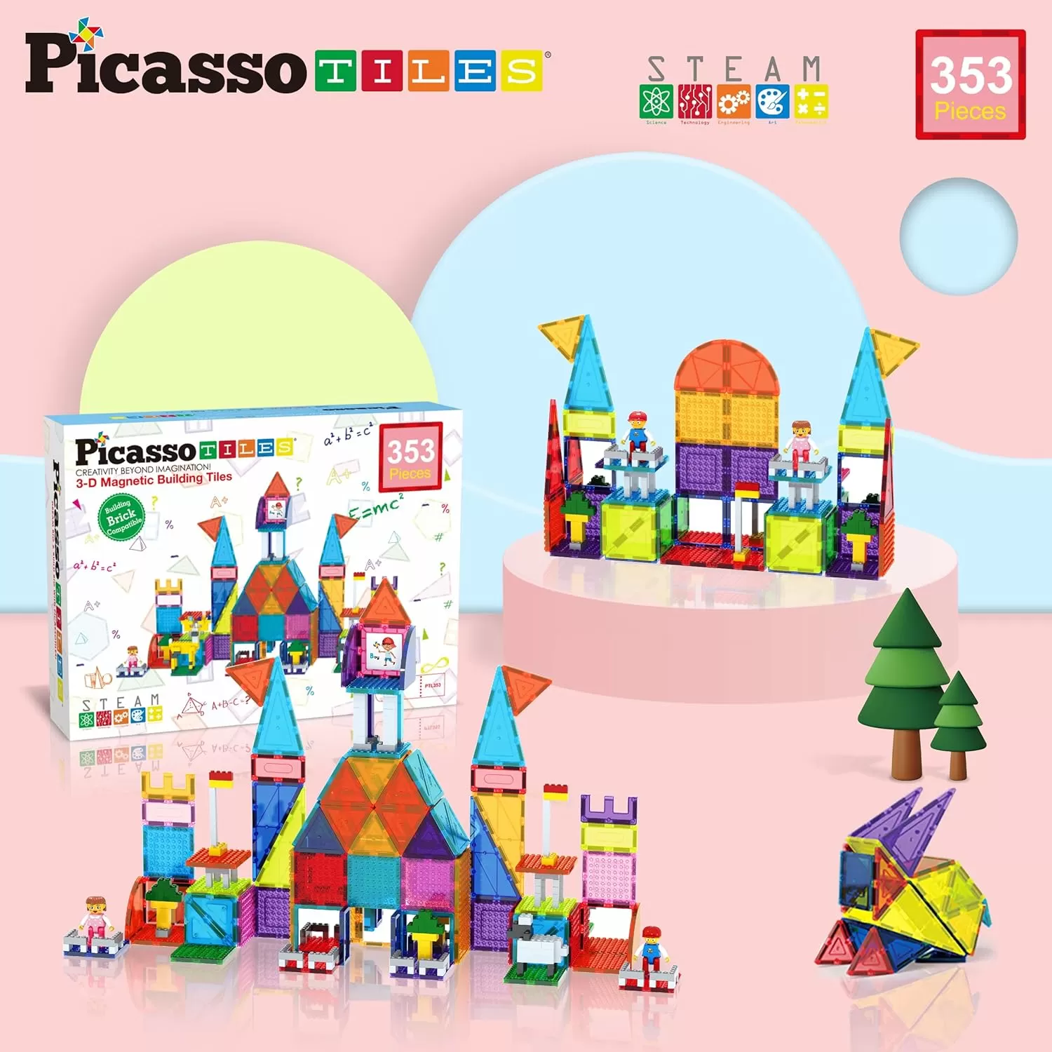 imagePicassoTiles Magnetic Brick Tiles STEM Creative Magnetic Tiles Building Block Set Building Brick Construction Toy Socket Spikes Toys Accessory Educational Imaginative Learning Kit Stacking Set353pc