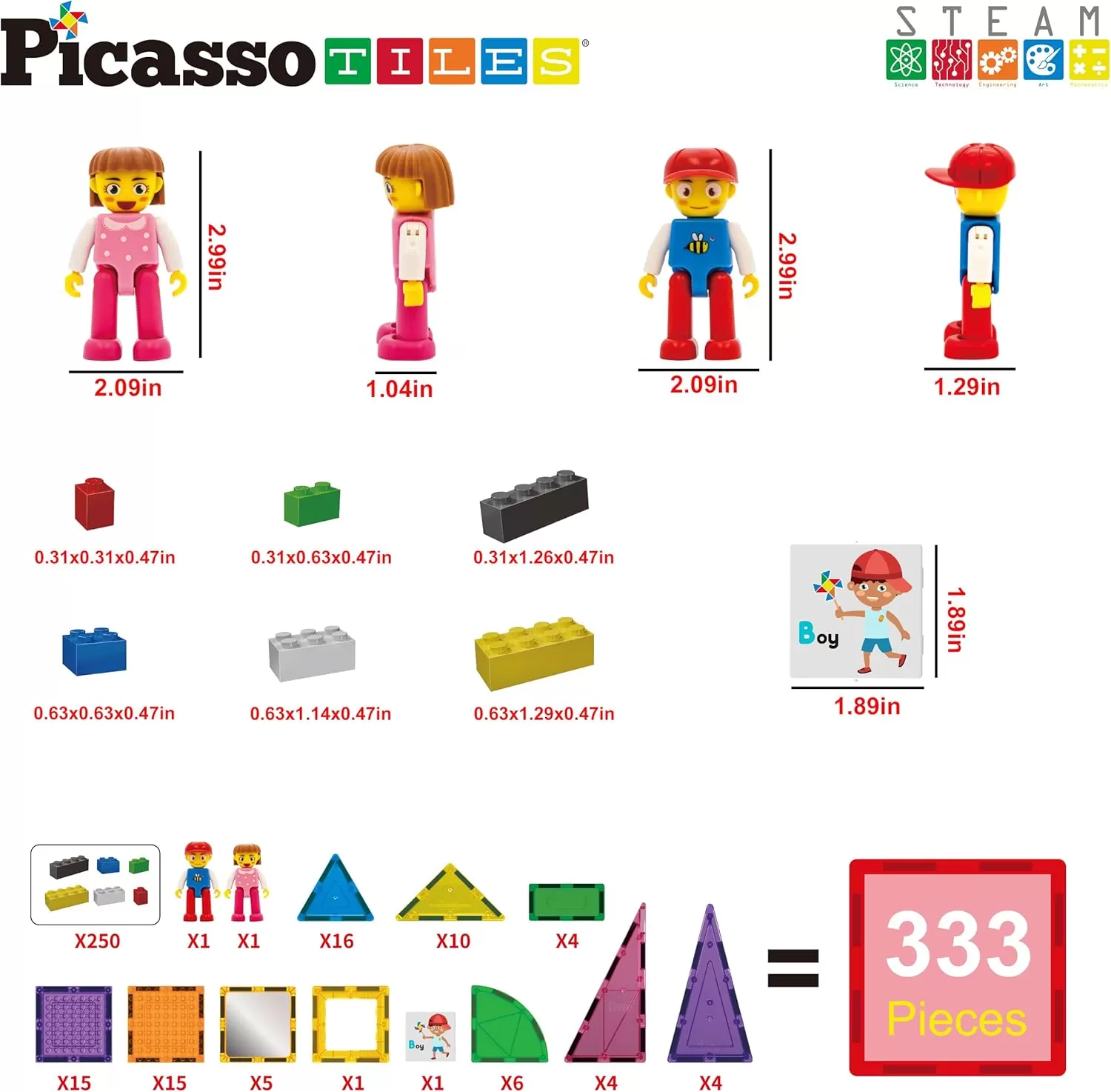 imagePicassoTiles Magnetic Brick Tiles STEM Creative Magnetic Tiles Building Block Set Building Brick Construction Toy Socket Spikes Toys Accessory Educational Imaginative Learning Kit Stacking Set333pc