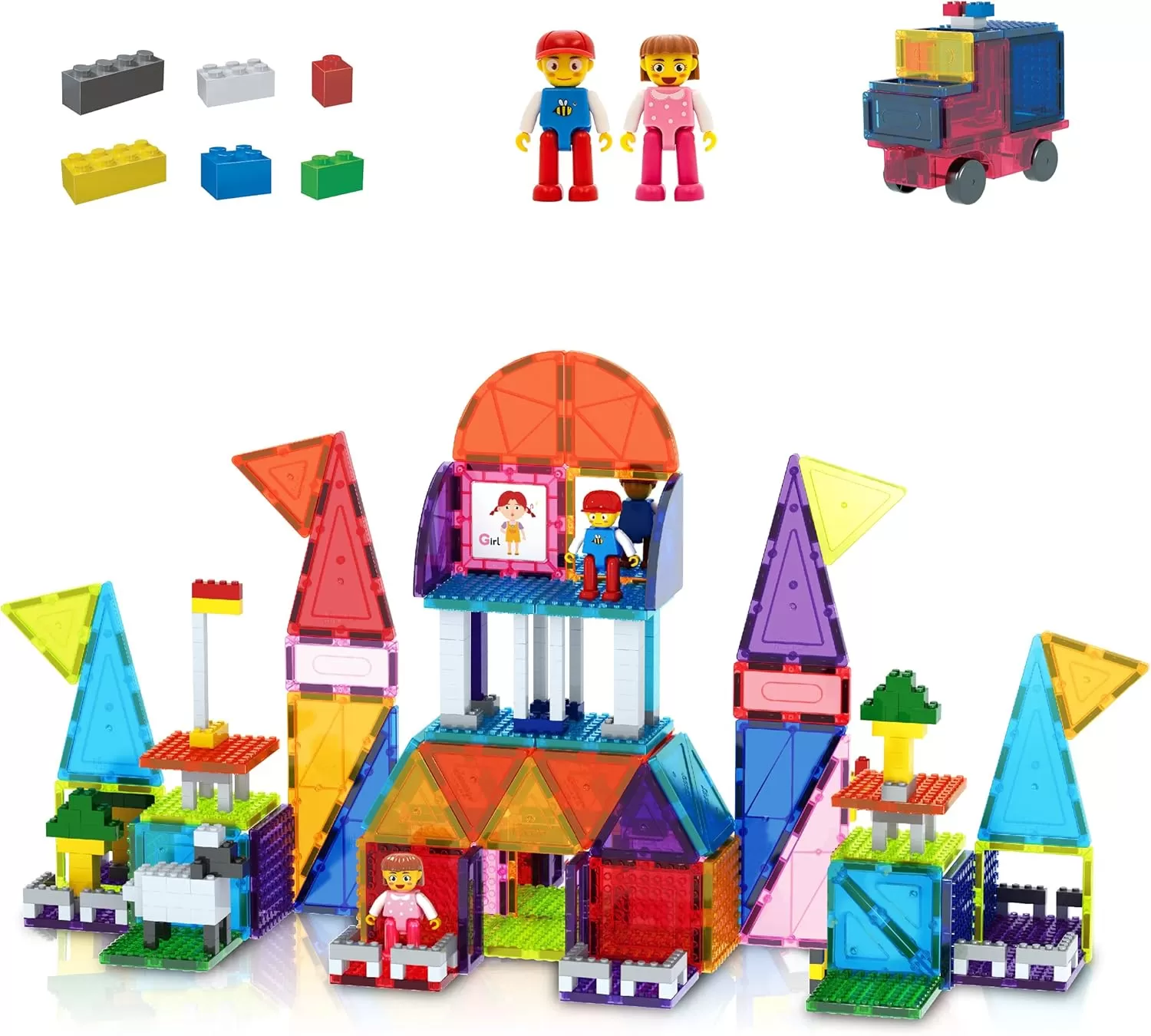imagePicassoTiles Magnetic Brick Tiles STEM Creative Magnetic Tiles Building Block Set Building Brick Construction Toy Socket Spikes Toys Accessory Educational Imaginative Learning Kit Stacking Set333pc