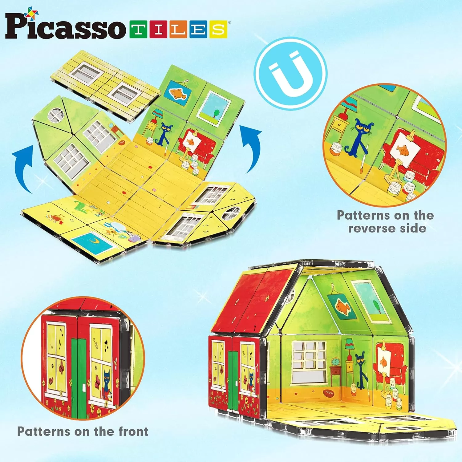 imagePicassoTiles Magnetic Tiles Pete The Cat Home Theme Building Blocks Double Sided Printing Toddler Magnet Toys Education STEM Learning Kit Construction Brain Development Preschool Kid Game Boy Girl 3