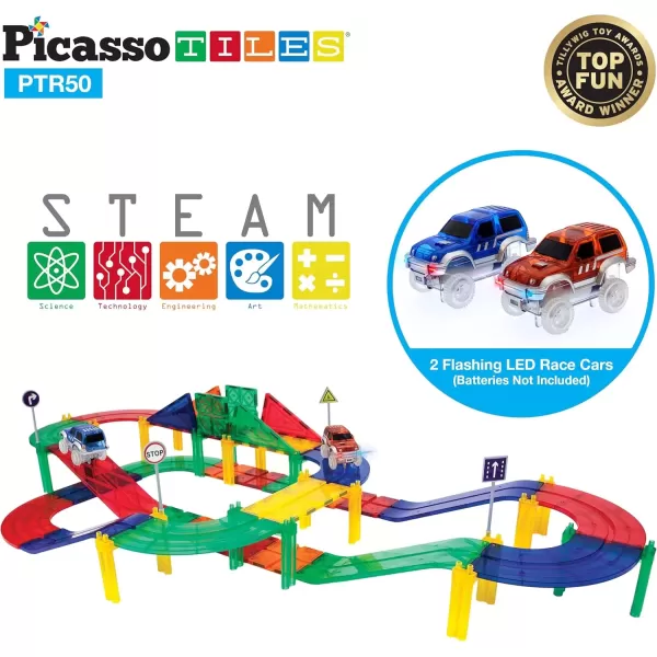 imagePicassoTiles 50 Piece Race Car Track  Ideabook with Over 150 Ideas Magnet DIY Playset 2 Light Up Car STEM Learning Kit HandEye Coordination Fine Motor Skill Training Unique Innovative Creations