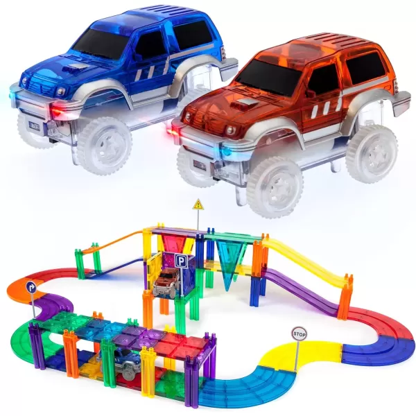 imagePicassoTiles 50 Piece Race Car Track  Ideabook with Over 150 Ideas Magnet DIY Playset 2 Light Up Car STEM Learning Kit HandEye Coordination Fine Motor Skill Training Unique Innovative Creations