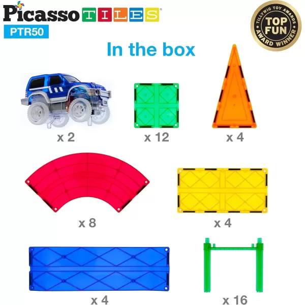imagePicassoTiles 50 Piece Race Car Track  Ideabook with Over 150 Ideas Magnet DIY Playset 2 Light Up Car STEM Learning Kit HandEye Coordination Fine Motor Skill Training Unique Innovative Creations