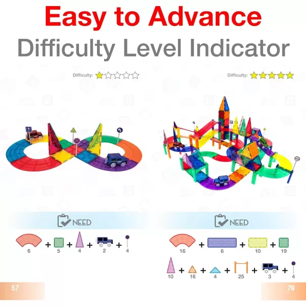 imagePicassoTiles 50 Piece Race Car Track  Ideabook with Over 150 Ideas Magnet DIY Playset 2 Light Up Car STEM Learning Kit HandEye Coordination Fine Motor Skill Training Unique Innovative Creations