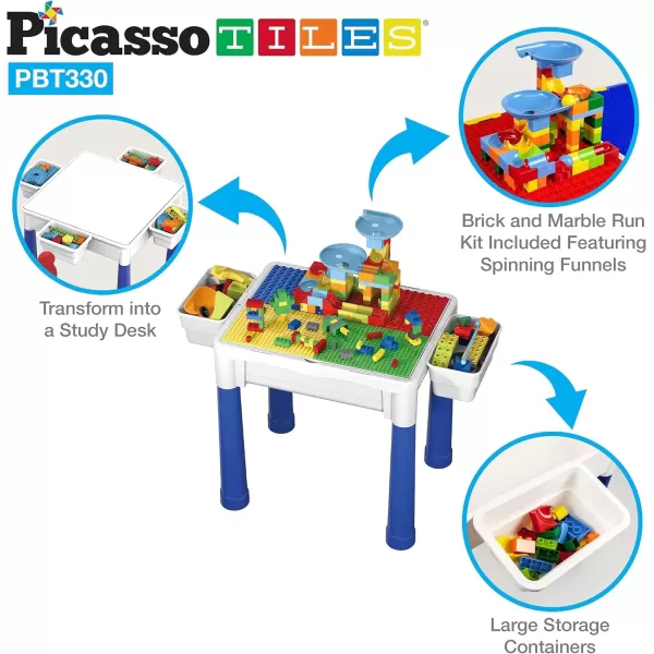 imagePicassoTiles Kids Activity Center Play Table ampamp Study Desk Set Sandbox Water Tight Container Storage Allin1 STEM Toy Kit Playset with 331pc Dual Size Building Bricks Construction Blocks Marble Run331pc BrickWater ContainerMarble Run