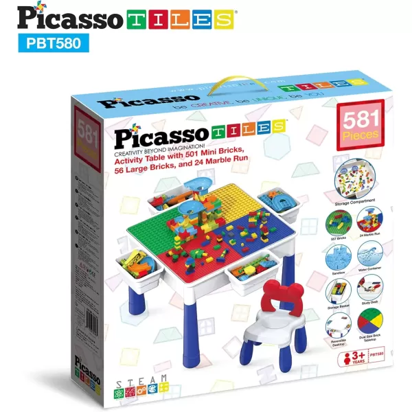 imagePicassoTiles Kids Activity Center Play Table ampamp Study Desk Set Sandbox Water Tight Container Storage Allin1 STEM Toy Kit Playset with 331pc Dual Size Building Bricks Construction Blocks Marble Run581 PCs Table  Storage Bin  Chair Set