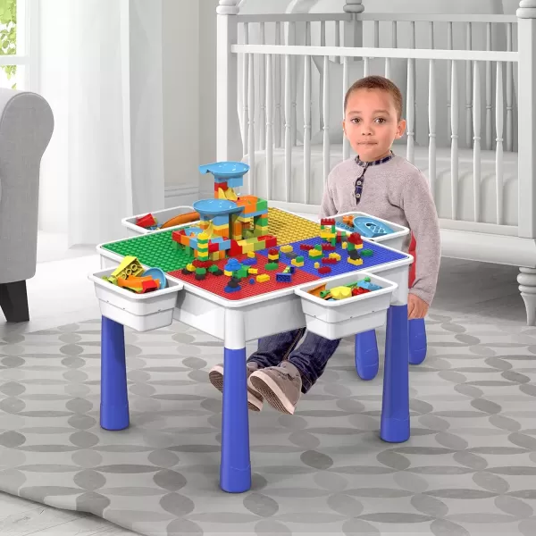 imagePicassoTiles Kids Activity Center Play Table ampamp Study Desk Set Sandbox Water Tight Container Storage Allin1 STEM Toy Kit Playset with 331pc Dual Size Building Bricks Construction Blocks Marble Run581 PCs Table  Storage Bin  Chair Set