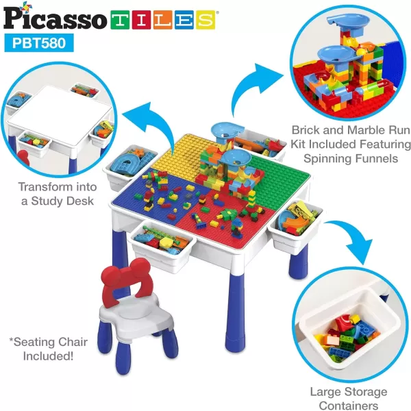 imagePicassoTiles Kids Activity Center Play Table ampamp Study Desk Set Sandbox Water Tight Container Storage Allin1 STEM Toy Kit Playset with 331pc Dual Size Building Bricks Construction Blocks Marble Run581 PCs Table  Storage Bin  Chair Set