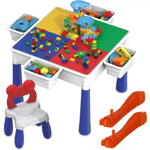 imagePicassoTiles Kids Activity Center Play Table ampamp Study Desk Set Sandbox Water Tight Container Storage Allin1 STEM Toy Kit Playset with 331pc Dual Size Building Bricks Construction Blocks Marble Run581 PCs Table  Storage Bin  Chair Set