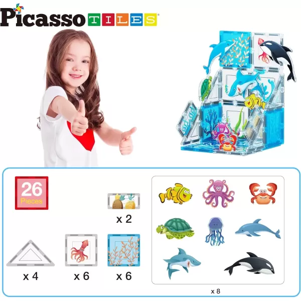 imagePicassoTiles Magnet Tile Building Blocks Marine Animal World Themed Playset with 8 Ocean Character Action Figures Magnetic Tiles STEM Learning Toy Construction Set Toddlers Boys Girls Ages 3 PTQ25Marine Animal World Themed