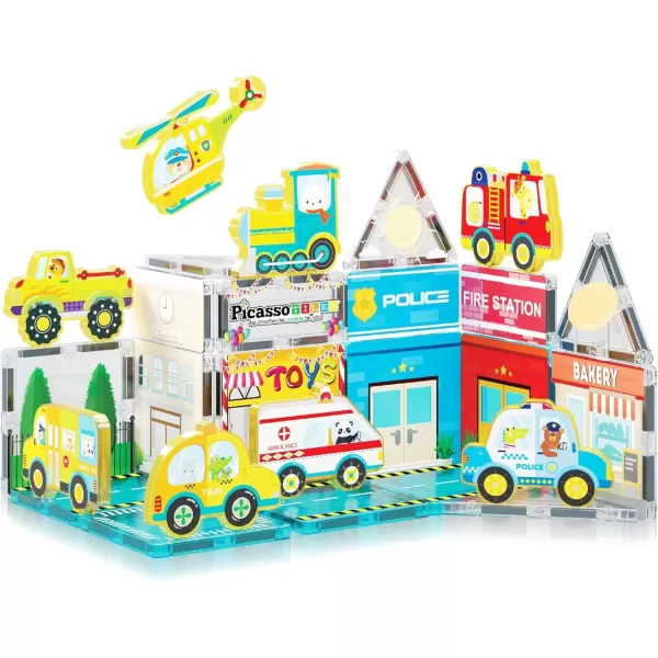 imagePicassoTiles Magnet Tile Building Blocks Metro City Themed Playset with 8 Character Action Figures Magnetic Tiles STEM Learning Early Education Toy Construction Set Toddlers Boys Girls Ages 3 PTQ24
