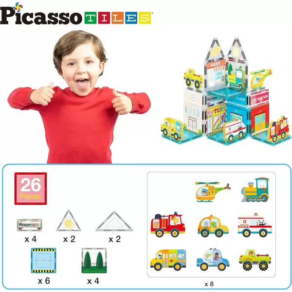 imagePicassoTiles Magnet Tile Building Blocks Metro City Themed Playset with 8 Character Action Figures Magnetic Tiles STEM Learning Early Education Toy Construction Set Toddlers Boys Girls Ages 3 PTQ24
