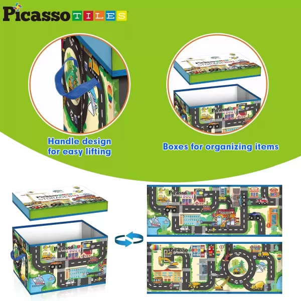 imagePicassoTiles Magnet Tile Toy Organizer Foldable City Theme Storage Bin Box with Lid and Handles Magnetic Tiles Building Blocks STEM Educational Pretend Play Playroom Toys Toddler Kids Ages 3 Up PTA33Foldable City Theme
