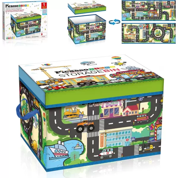 imagePicassoTiles Magnet Tile Toy Organizer Foldable City Theme Storage Bin Box with Lid and Handles Magnetic Tiles Building Blocks STEM Educational Pretend Play Playroom Toys Toddler Kids Ages 3 Up PTA33Foldable City Theme