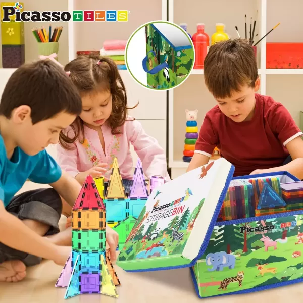 imagePicassoTiles Magnet Tile Toy Organizer Foldable City Theme Storage Bin Box with Lid and Handles Magnetic Tiles Building Blocks STEM Educational Pretend Play Playroom Toys Toddler Kids Ages 3 Up PTA33Forest Animal Theme