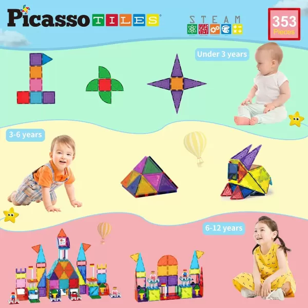 imagePicassoTiles Magnetic Brick Tiles STEM Creative Magnetic Tiles Building Block Set Building Brick Construction Toy Socket Spikes Toys Accessory Educational Imaginative Learning Kit Stacking Set353pc