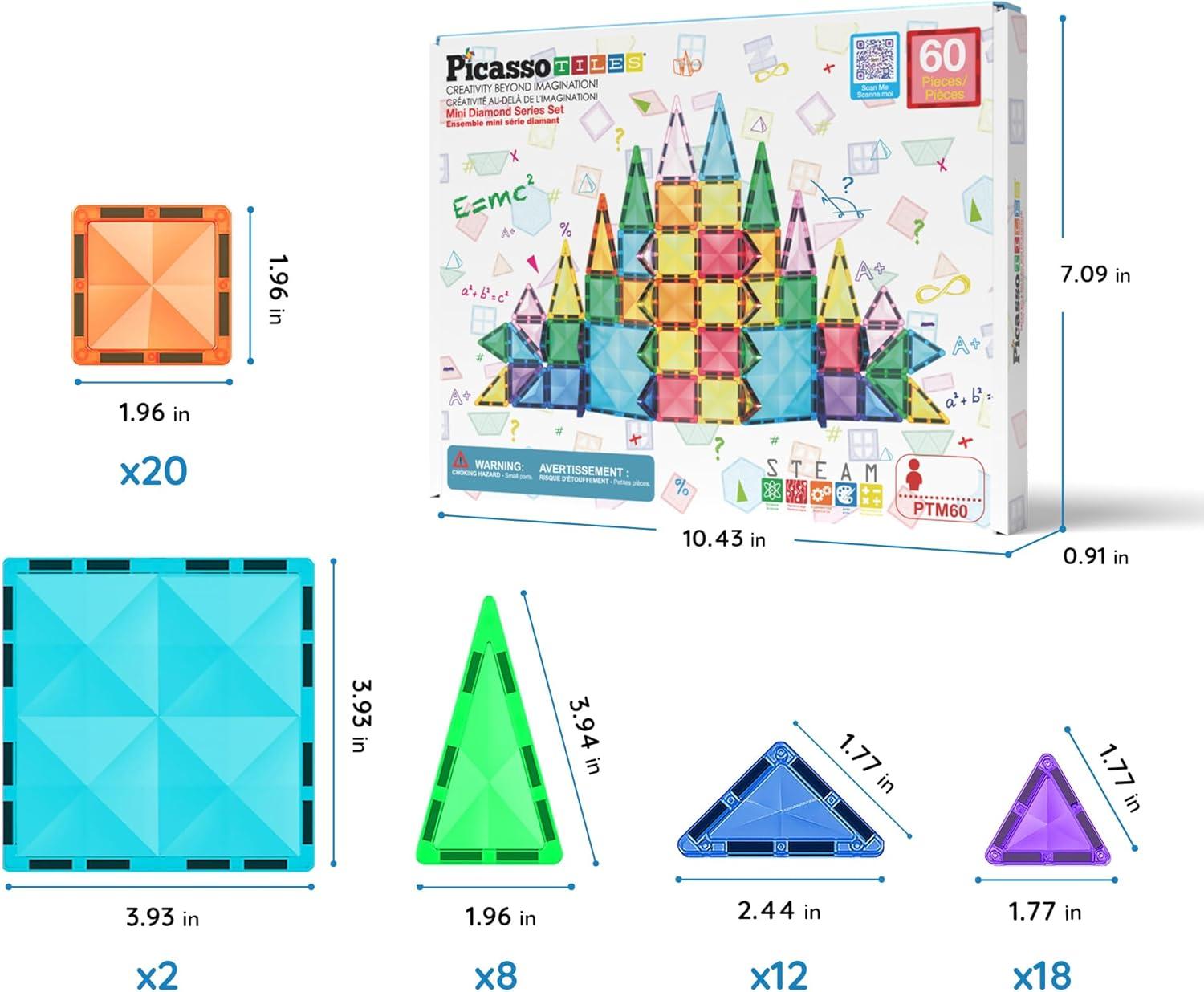 imagePicassoTiles 60 pcs Mini Magnetic Tiles Magnet Toys TravelFriendly OnTheGo Building Blocks for Kids Compact Lightweight Creative playset Preschool Montessori Early Learning STEM Kids Toy Ages 360pcs Mini