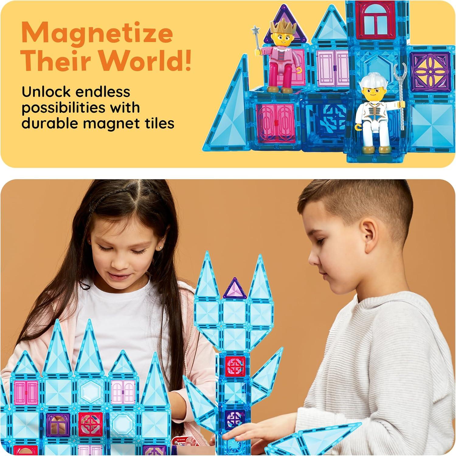 imagePicassoTiles 60 pcs Mini Magnetic Tiles Magnet Toys TravelFriendly OnTheGo Building Blocks for Kids Compact Lightweight Creative playset Preschool Montessori Early Learning STEM Kids Toy Ages 371pcs Mini With 2 Action Figures