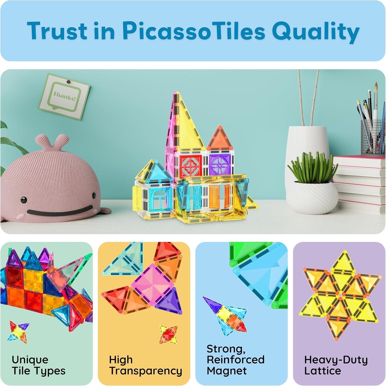 imagePicassoTiles 60 pcs Mini Magnetic Tiles Magnet Toys TravelFriendly OnTheGo Building Blocks for Kids Compact Lightweight Creative playset Preschool Montessori Early Learning STEM Kids Toy Ages 348pcs Mini With Windows and Doors