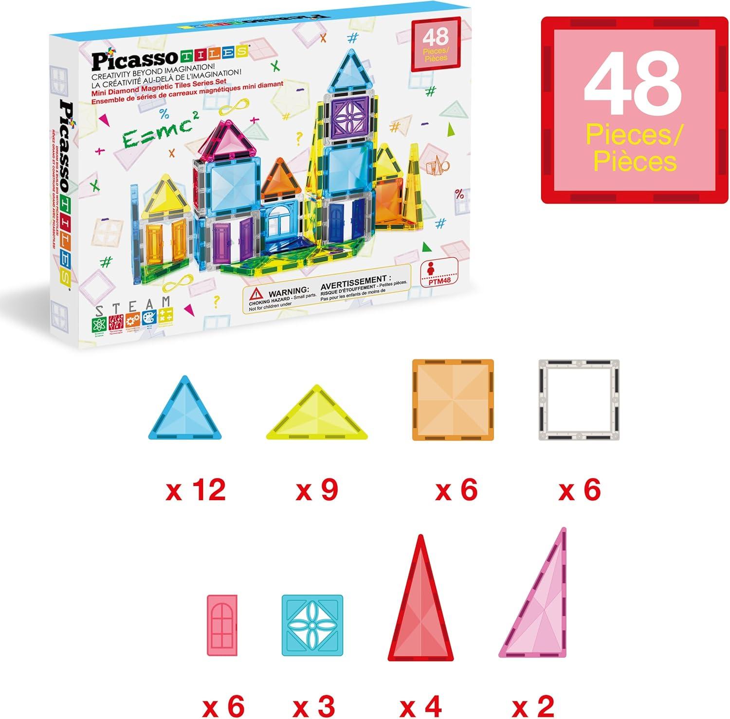 imagePicassoTiles 60 pcs Mini Magnetic Tiles Magnet Toys TravelFriendly OnTheGo Building Blocks for Kids Compact Lightweight Creative playset Preschool Montessori Early Learning STEM Kids Toy Ages 348pcs Mini With Windows and Doors