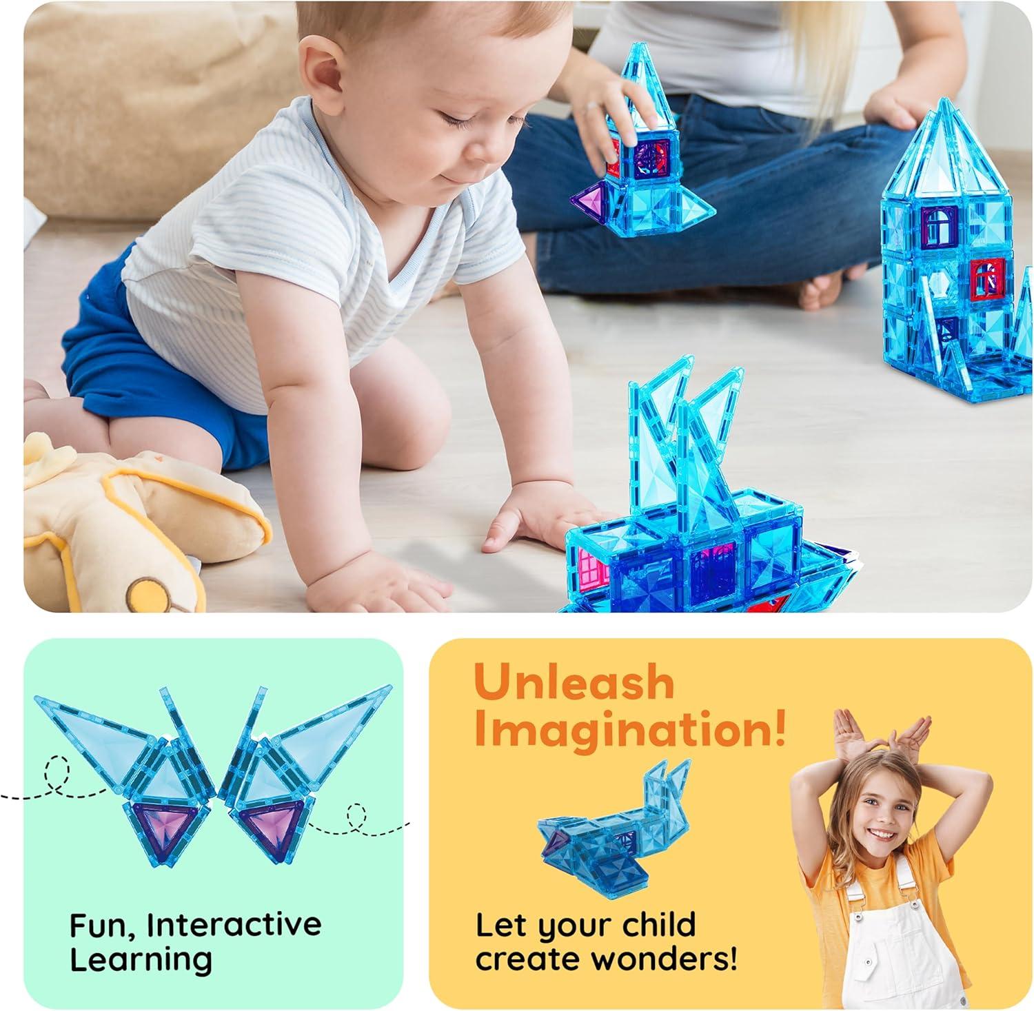 imagePicassoTiles 60 pcs Mini Magnetic Tiles Magnet Toys TravelFriendly OnTheGo Building Blocks for Kids Compact Lightweight Creative playset Preschool Montessori Early Learning STEM Kids Toy Ages 371pcs Mini With 2 Action Figures